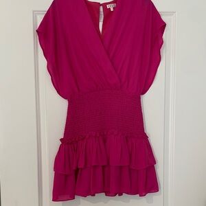 TCEC Vibrant Pink Dress mini ruffled smocked waist small NWOT